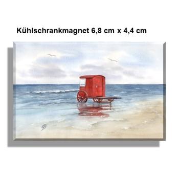 Kühlschrankmagnet Aquarell Maritim Kunst Druck Kunstdruck Nordsee Insel Borkum Badekarren rot Strand Meer Dünen
